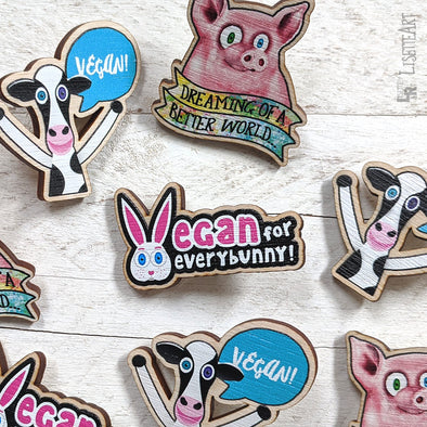 New Vegan Message Cow & Bunny Wood Pins Available Online