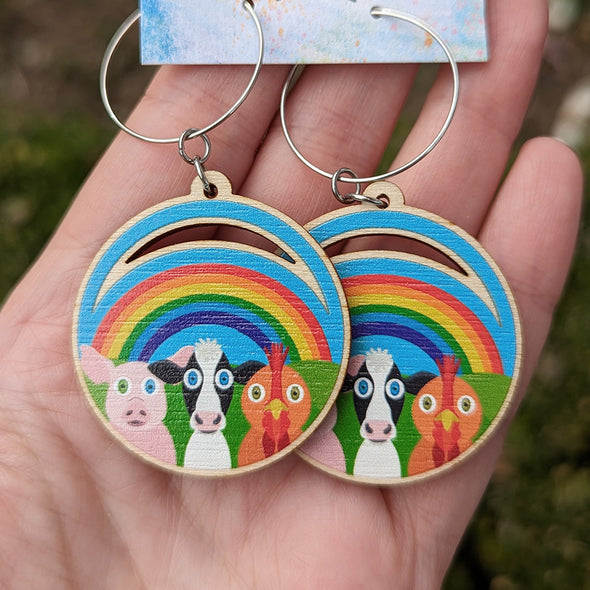 "Rainbow Friends" Trio - Printed Wood Charm Vegan Animals Hoop Earrings