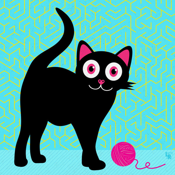 Black kitty with pink yarn on floor, neon light blue background