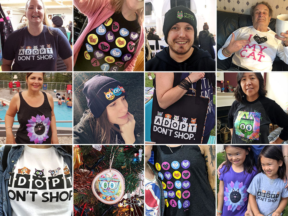 Collage of patrons wearing cat themed products like tees, bags and hats