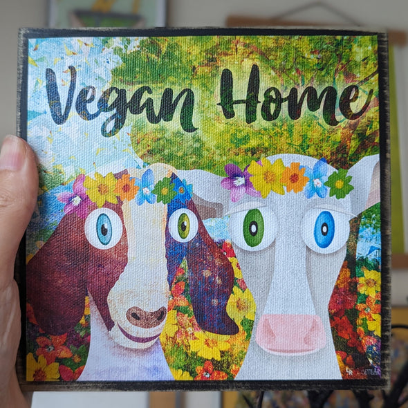 "Vegan Home" Whimsical Animals in Flower Crowns Art on Wood Block - Vegan Sign