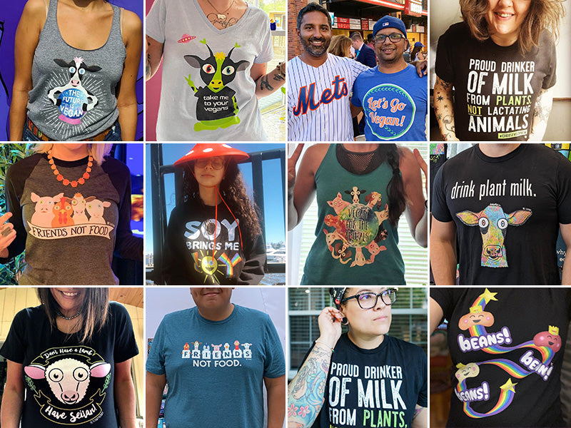 Collage of patrons wearing vegan themed tees and tanks