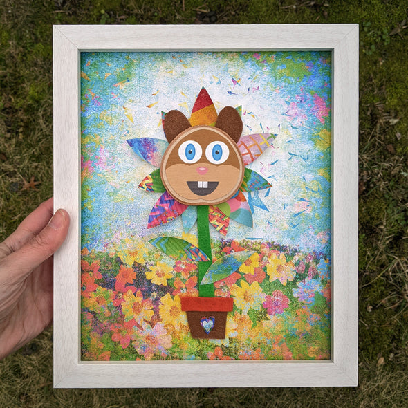 Whimsical Squirrel Flower - Framed Mixed Media Art