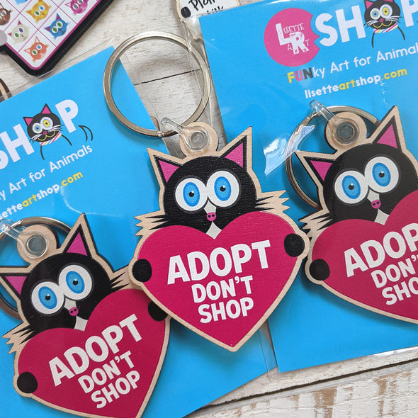 "Adopt, Don't Shop." (cat with heart) Printed Wood Black Cat Keychain