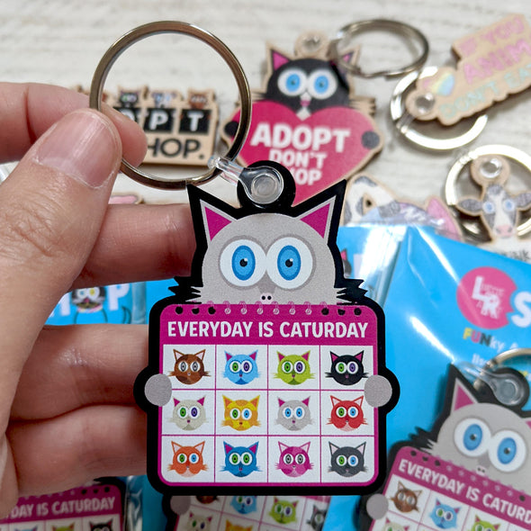 "Everyday is Caturday" Printed Recycled Acrylic Cat Keychain