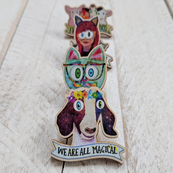 "Sweet Goat with Flower Crown - We Are All Magical" Printed Wood Pin