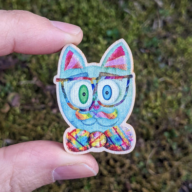 "Intellecat" Printed Wood Cat Pin