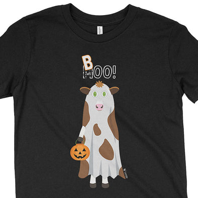 "Trick or Treat" MOO BOO Cow in Ghost Costume Halloween Youth T-Shirt