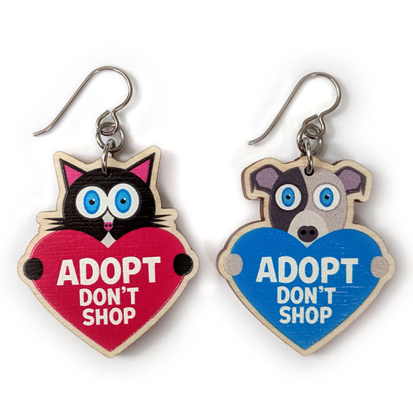 "Adopt, Don't Shop." (cat and dog with hearts) Printed Wood Charm Mismatch Earrings