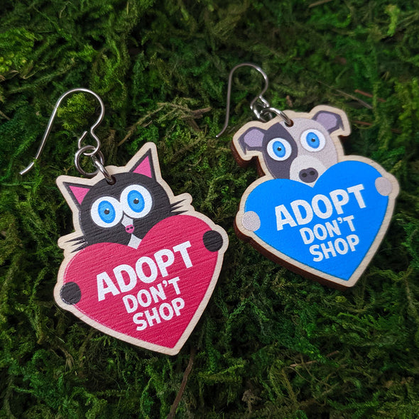"Adopt, Don't Shop." (cat and dog with hearts) Printed Wood Charm Mismatch Earrings