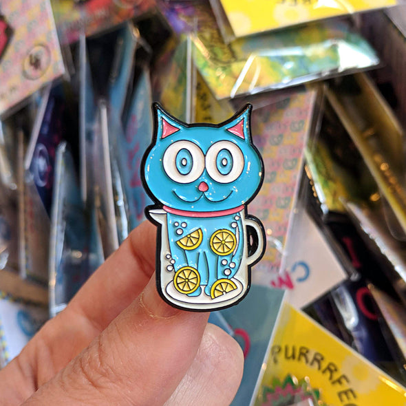 "Feeling Refreshed" Silly Blue Cat Enamel Pin