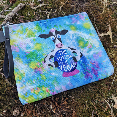 "The Future is Vegan" Large Zipper Pouch - Cow with Crystal Ball Vegan Clutch