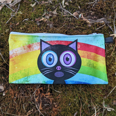 "Somemeow over the Rainbow" Small Zipper Pouch - Black Cat Pencil Case - Makeup Bag