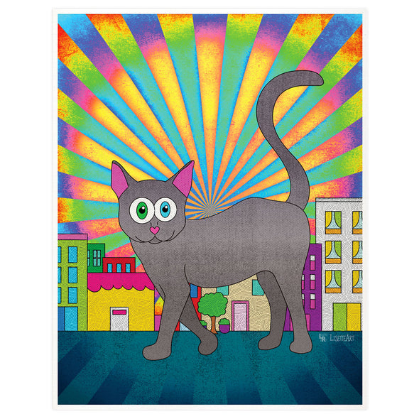 "Giant Kitty in a City" Whimsical Cat Art Print
