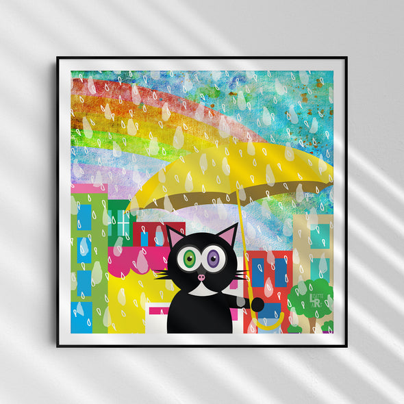 "Cat in Sun Shower" Whimsical Kitty in Rain Art Print