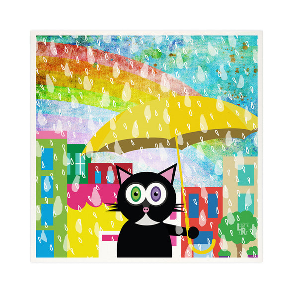 "Cat in Sun Shower" Whimsical Kitty in Rain Art Print