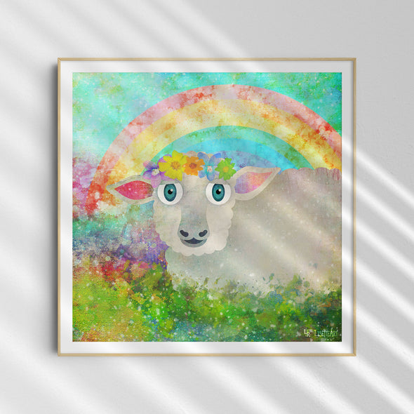 "Sheep in Grass with Flower Crown" - Art Print