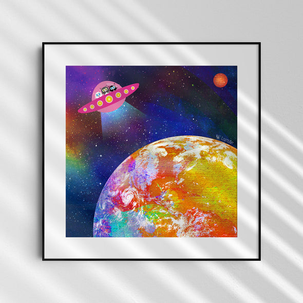 "UFO - Unidentified Feline Object" Whimsical Kitties in Space Art Print