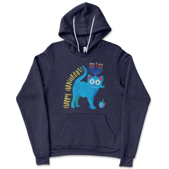 "Happy Hanukkat!" Hanukitty Cat Unisex Lightweight Fleece Hoodie Hanukkah Sweatshirt