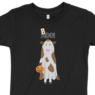 "Trick or Treat" MOO BOO Cow in Ghost Costume Halloween Kids T-Shirt