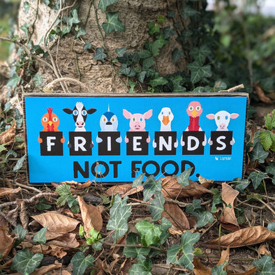 "We Are Friends Not Food" Whimsical Animals Large Vegan Wood Sign