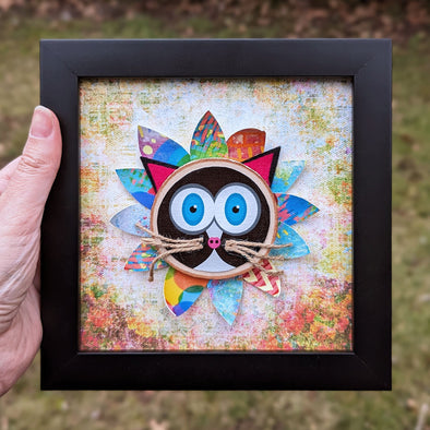 Whimsical Cat Flower - 6" Framed Mixed Media Art