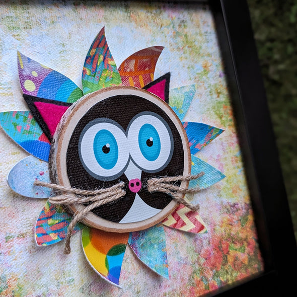 Whimsical Cat Flower - 6" Framed Mixed Media Art