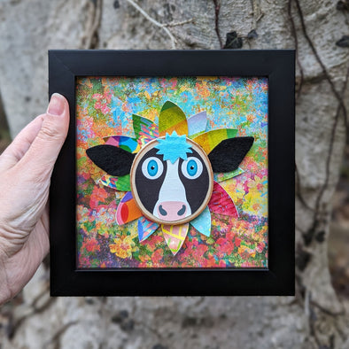 Whimsical Cow Flower - 6" Framed Mixed Media Art