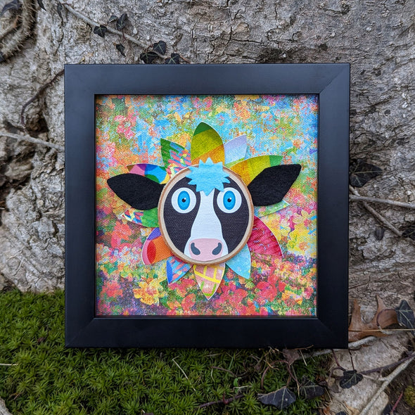 Whimsical Cow Flower - 6" Framed Mixed Media Art