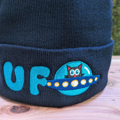 "UFO" Unidentified Feline Object - Embroidered Cat Beanie with Pom-pom