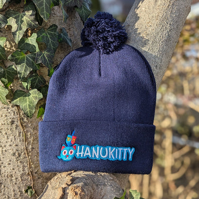 "Hanukitty" Embroidered Beanie with Pom-pom, Hanukkah Cat Hat