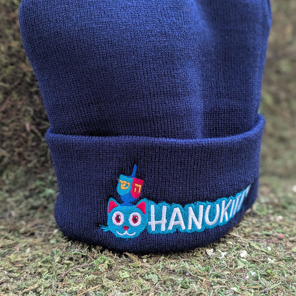 "Hanukitty" Embroidered Beanie with Pom-pom, Hanukkah Cat Hat