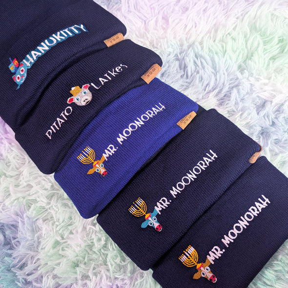 Embroidered Hanukkah Beanies! Mr. Moonorah, Hanukitty, Pitato Latkes