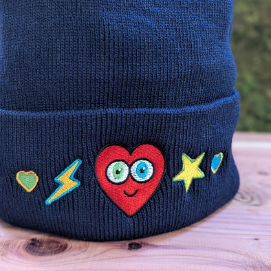 "Pop Heart" - Funky Embroidered Beanie with Pom-pom