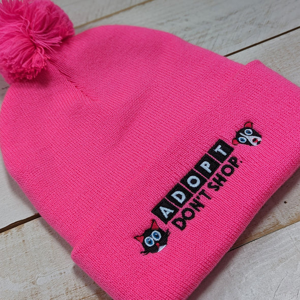 "Adopt, Don't Shop." Embroidered Beanie with Pom-pom, Cat and Dog Hat