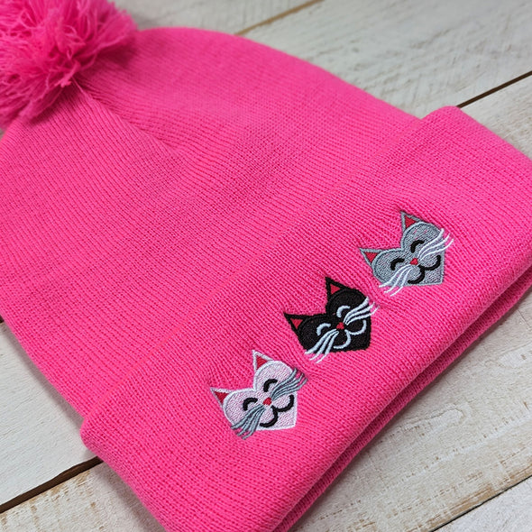 "I 💜 Love 💜 Cats" Embroidered Beanie with Pom-pom