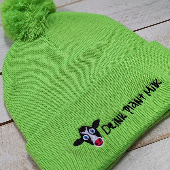 "Drink Plant Milk" Embroidered Beanie with Pom-pom, Vegan Message Cow Hat