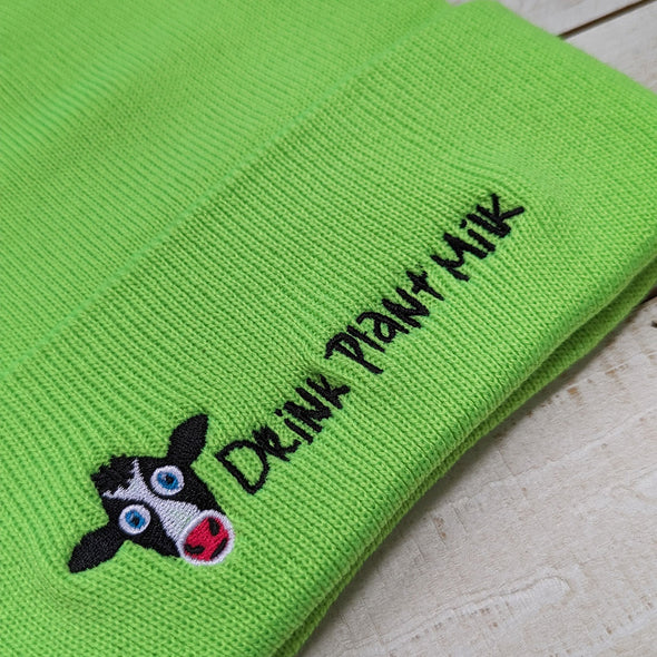 "Drink Plant Milk" Embroidered Beanie with Pom-pom, Vegan Message Cow Hat