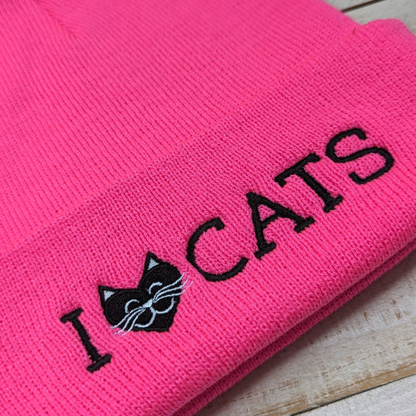 "I Love Cats" Embroidered Beanie with Pom-pom