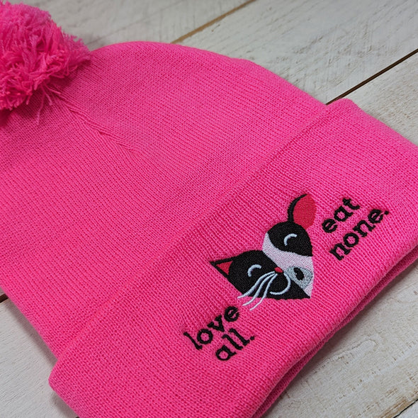 "Why Love One but Eat the Other? - Cat & Cow" Embroidered Beanie with Pom-pom, Vegan Message Hat