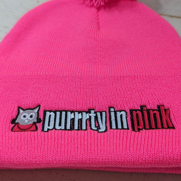 "Purrrty in Pink" Embroidered Beanie with Pom-pom, 80's Parody Cat Hat