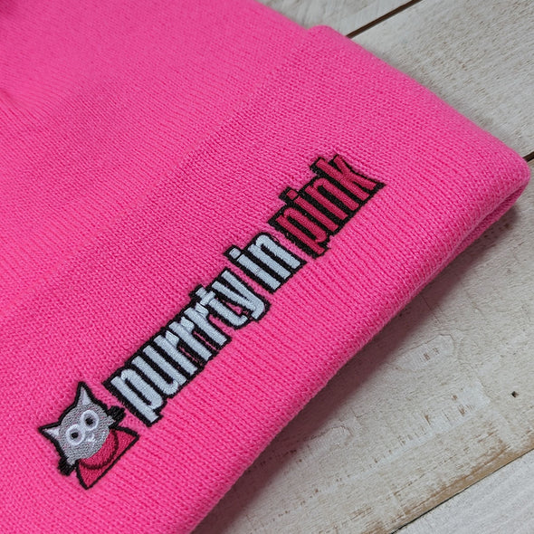 "Purrrty in Pink" Embroidered Beanie with Pom-pom, 80's Parody Cat Hat