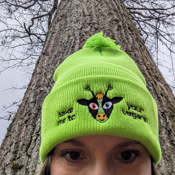 "Take Me To Your Vegans" Embroidered Beanie with Pom-pom, Alien Cow Hat