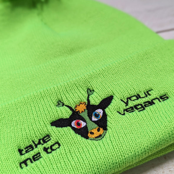 "Take Me To Your Vegans" Embroidered Beanie with Pom-pom, Alien Cow Hat