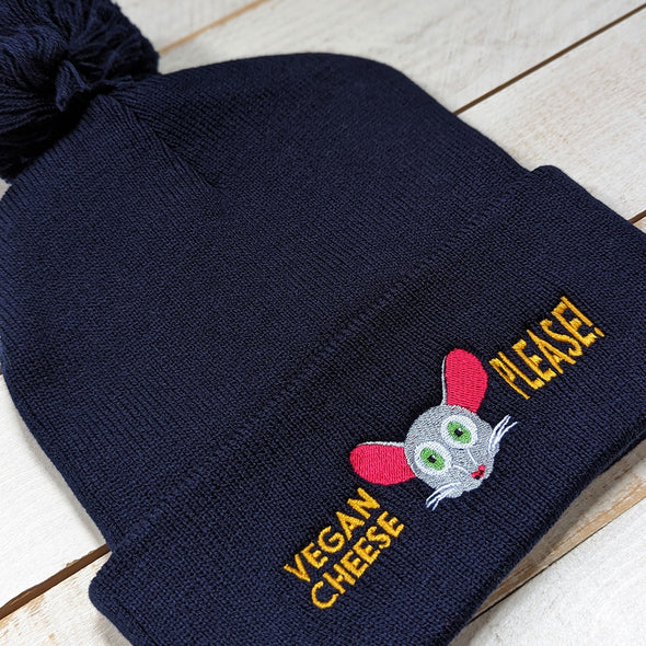 "Vegan Cheese Please!" Embroidered Beanie with Pom-pom, Cute Mouse Hat