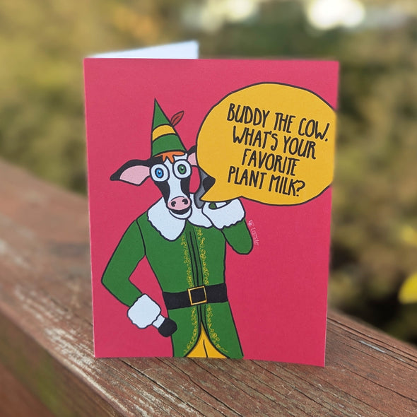 "Buddy the Cow, what's your favorite plant milk?" Holiday Card, Funny Vegan Christmas Card