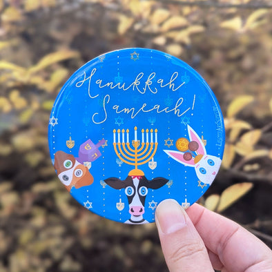 "Hanukkah Sameach!" Cute Animals Hanukkah Fridge Magnet, Large Round Decorative Magnet
