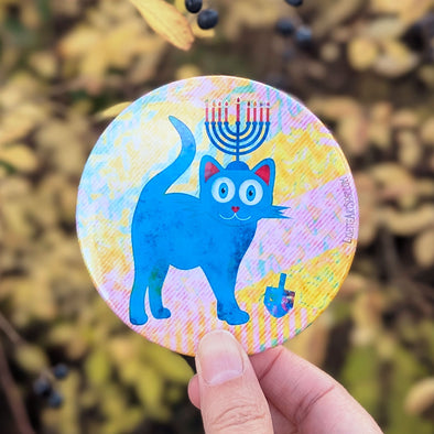 "Happy Hanukkat!" Hanukitty Cat Fridge Magnet, Large Round Decorative Hanukkah Magnet