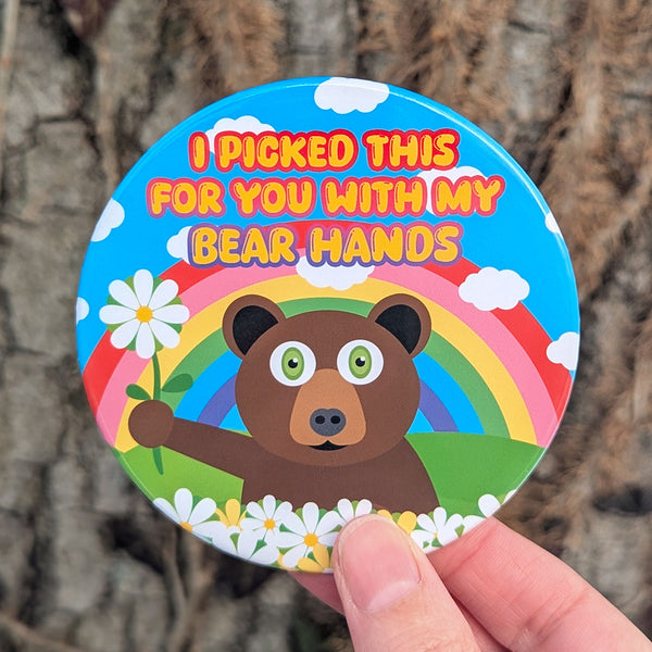 Bear Picks Flowers - Punny Fridge Magnet, Large Round Decorative Magnet