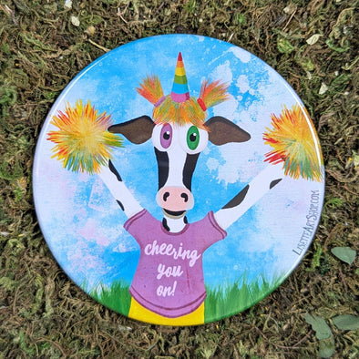 "Cheering you on" Encouraging Cow Fridge Magnet, Large Round Decorative Magnet